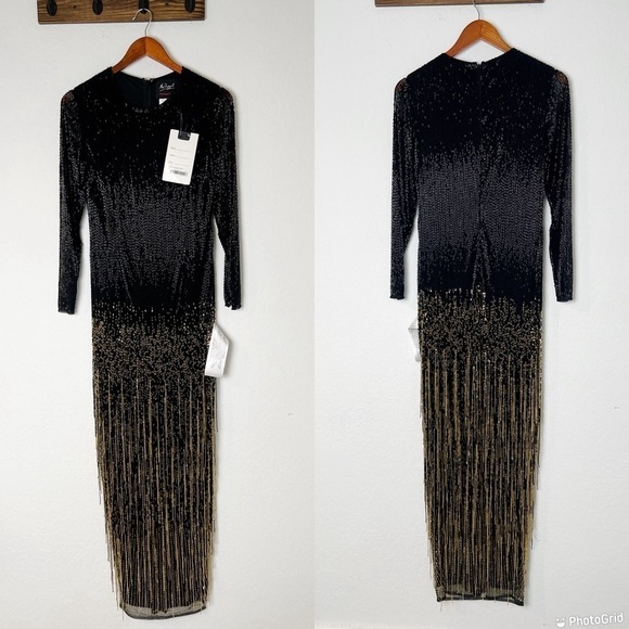 Mac Duggal Long Sleeve Beaded Fringe Evening Gown - Picture 2 of 10